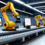**A futuristic smart factory with robotic arms assembling components on a conveyor belt. IoT sensors are visible, tracking the movement of materials, and a large screen displays real-time data analytics. The scene emphasizes efficiency, automation, and data-driven decision-making. Italian flag subtly incorporated in the background.**