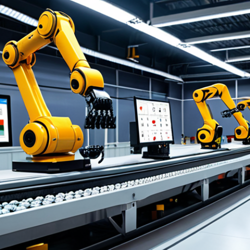 Home 19 **A futuristic smart factory with robotic arms assembling components on a conveyor belt. IoT sensors are visible, tracking the movement of materials, and a large screen displays real-time data analytics. The scene emphasizes efficiency, automation, and data-driven decision-making. Italian flag subtly incorporated in the background.**
