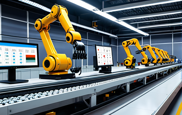 **A futuristic smart factory with robotic arms assembling components on a conveyor belt. IoT sensors are visible, tracking the movement of materials, and a large screen displays real-time data analytics. The scene emphasizes efficiency, automation, and data-driven decision-making. Italian flag subtly incorporated in the background.**