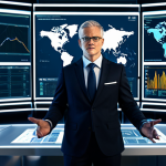 A professional supply chain manager, fully clothed in a modest business suit, stands in a sophisticated, high-tech operations control room. Large, luminous screens display intricate global logistics maps, real-time data streams, and predictive analytics dashboards. The manager is focused, with a natural pose, interacting with a transparent touchscreen showing a secure blockchain ledger. The environment is clean, well-lit, and futuristic. Perfect anatomy, correct proportions, natural body proportions, well-formed hands, proper finger count, safe for work, appropriate content, professional photography, high quality, realistic.