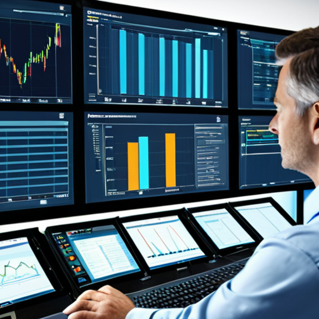 SCM에서의 빅데이터 활용 - "A logistics manager in a modern control room, analyzing real-time supply chain data on a large scre...