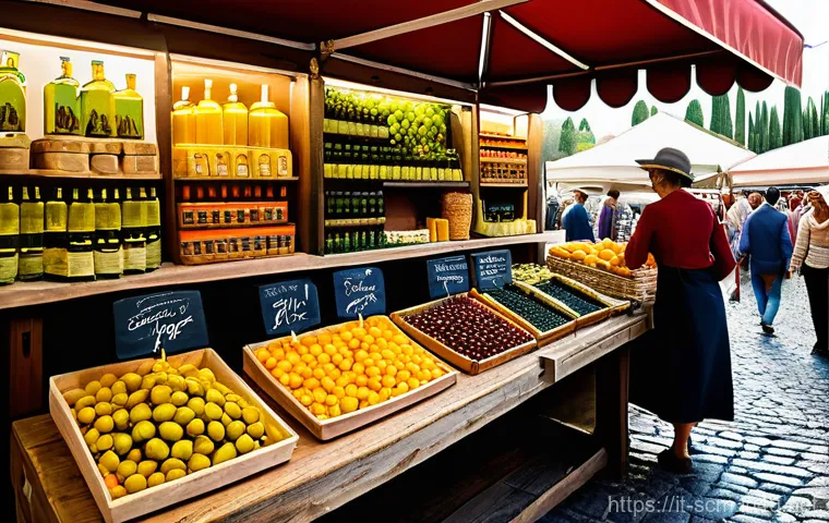 공급망관리와 국제 무역 협상 - A vibrant and bustling traditional Italian open-air market, featuring a stall proudly displaying bot...