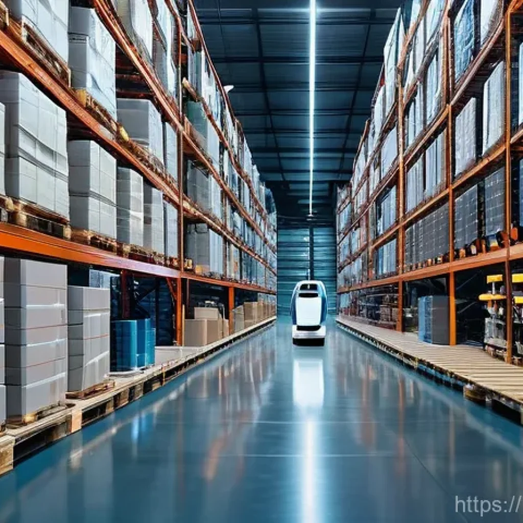 공급망관리와 AI 기술의 활용 사례 - **Prompt: Futuristic Italian Warehouse Powered by AI and Robotics**
A wide-angle, brightly lit s...