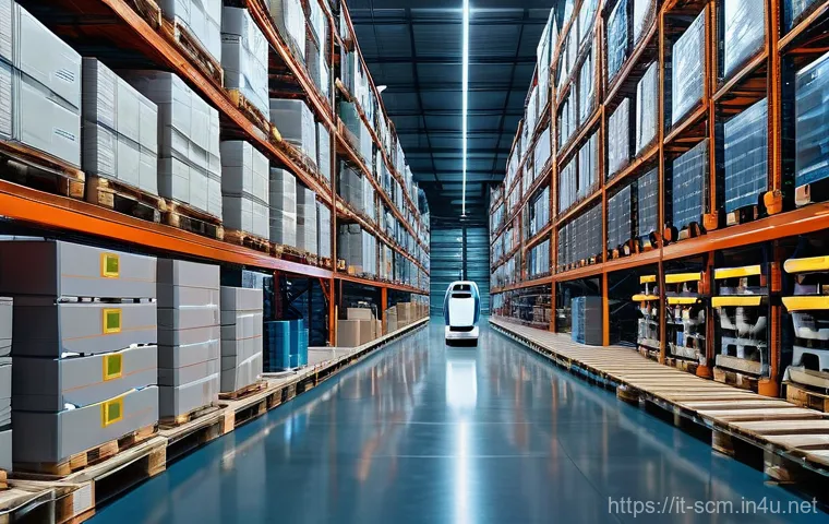 공급망관리와 AI 기술의 활용 사례 - **Prompt: Futuristic Italian Warehouse Powered by AI and Robotics**
    A wide-angle, brightly lit s...