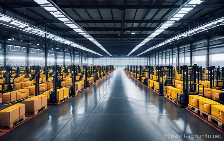 공급망관리 인턴 경험 공유 - A dynamic, wide-angle shot of a cutting-edge global logistics hub at sunrise. In the foreground, a d...