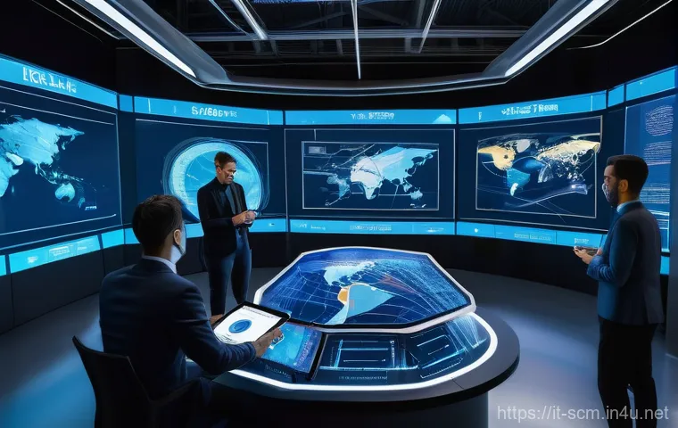 공급망관리의 글로벌 성공 사례 - **Prompt:** A vibrant, futuristic global supply chain control center, bathed in soft, ambient light....