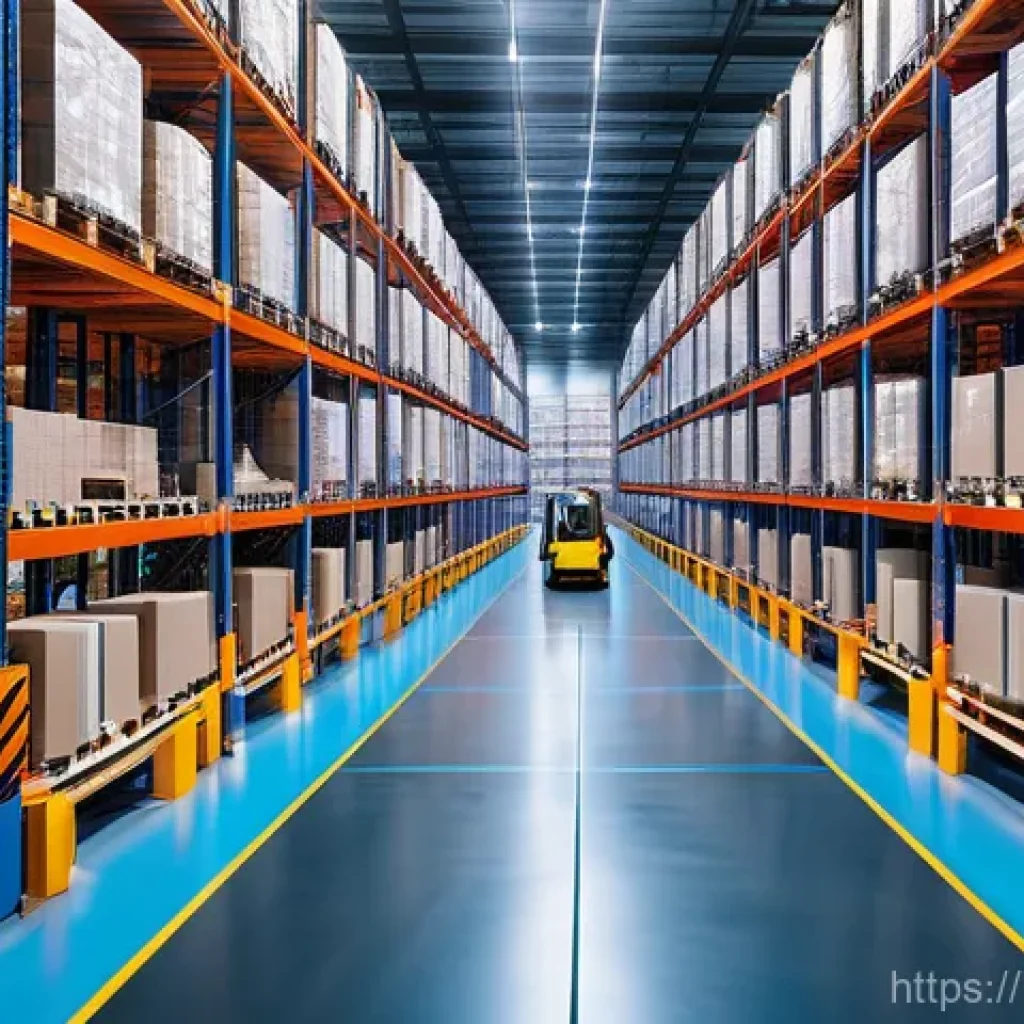 SCM에서의 학습 커리큘럼 개발 - A highly detailed, wide-angle shot of a cutting-edge, automated logistics warehouse at dusk. Automat...