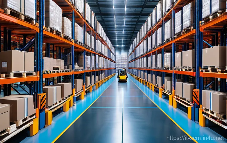 SCM에서의 학습 커리큘럼 개발 - A highly detailed, wide-angle shot of a cutting-edge, automated logistics warehouse at dusk. Automat...