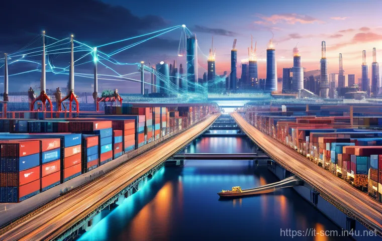 SCM 필수 용어와 정의 - **"A vibrant, futuristic digital ecosystem depicting the intricate, interconnected web of a modern g...