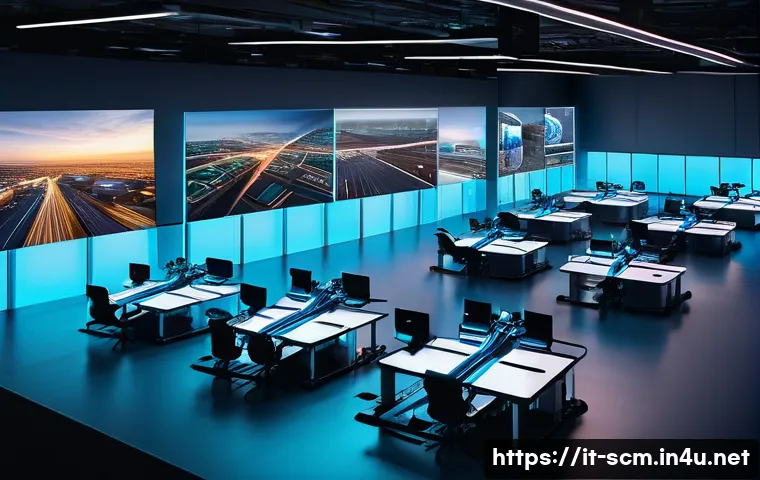 공급망관리와 다양한 산업의 협업 사례 - A vibrant, futuristic logistics hub at dusk, showcasing the seamless integration of Artificial Intel...