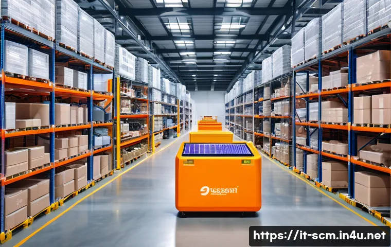 공급망관리와 기술 혁신의 연결 - A modern Italian warehouse interior bustling with collaborative robots and human workers wearing saf...