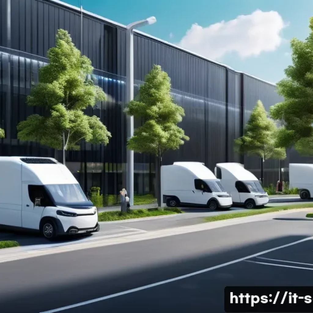 공급망관리와 지속 가능성 전략 - A modern urban logistics hub featuring a fleet of electric and hybrid delivery vehicles parked outsi...