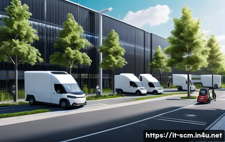 공급망관리와 지속 가능성 전략 - A modern urban logistics hub featuring a fleet of electric and hybrid delivery vehicles parked outsi...