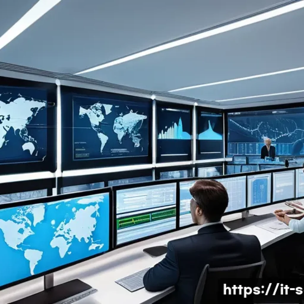 공급망관리와 글로벌 물류 서비스 - A modern logistics control room with multiple large digital screens displaying real-time supply chai...