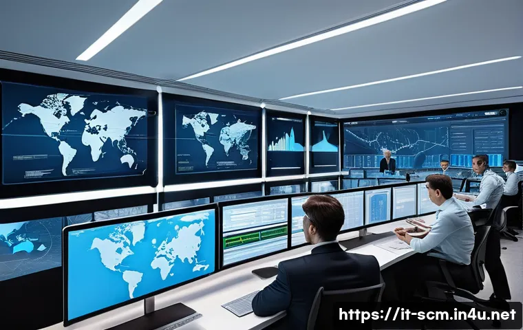 공급망관리와 글로벌 물류 서비스 - A modern logistics control room with multiple large digital screens displaying real-time supply chai...
