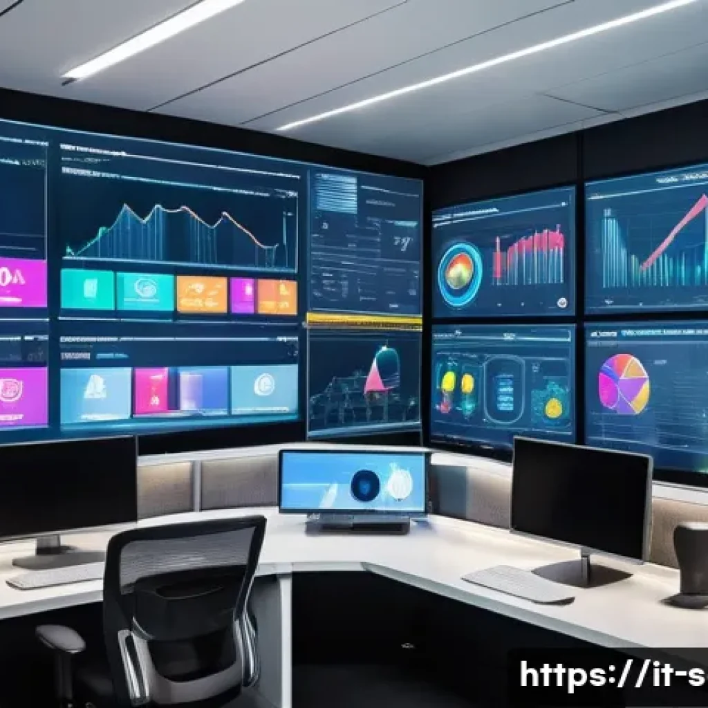 공급망관리에서의 ERP 시스템 이해 - A modern, high-tech supply chain control room with large digital screens displaying real-time ERP da...
