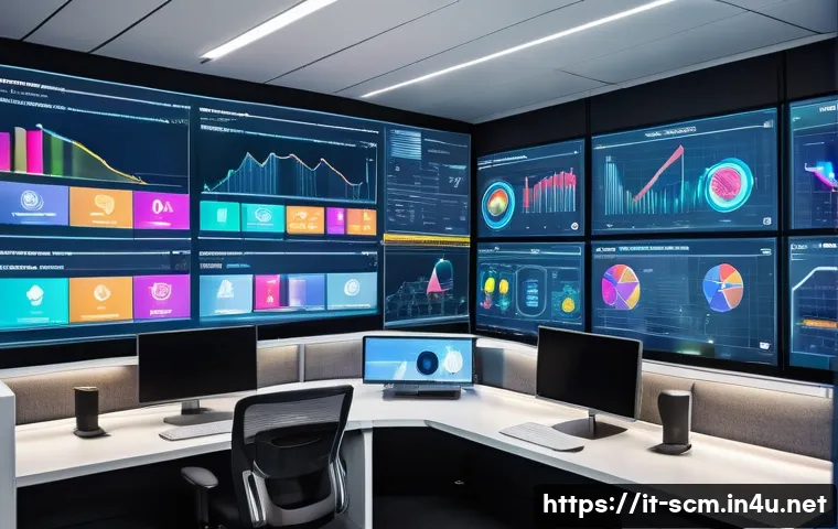 공급망관리에서의 ERP 시스템 이해 - A modern, high-tech supply chain control room with large digital screens displaying real-time ERP da...