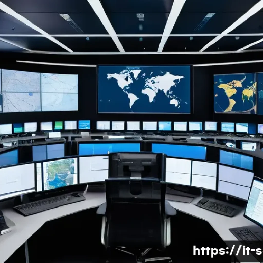 SCM 실무에서의 글로벌 물류 문제 해결 - A detailed logistics control room showing multiple large digital screens displaying real-time global...