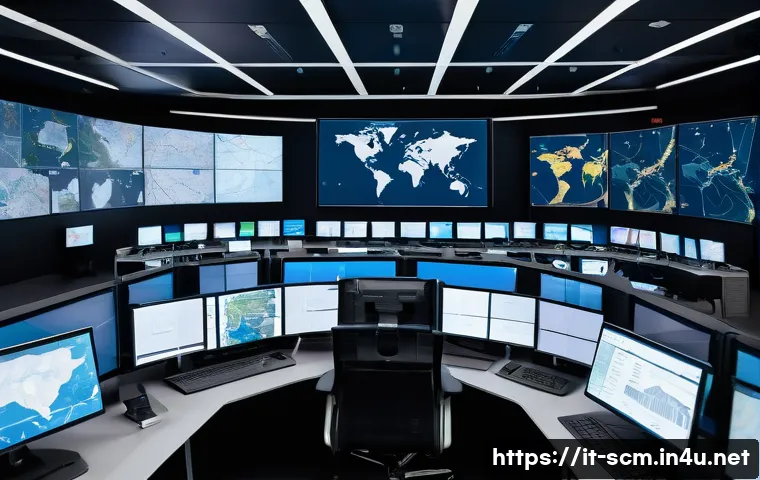 SCM 실무에서의 글로벌 물류 문제 해결 - A detailed logistics control room showing multiple large digital screens displaying real-time global...