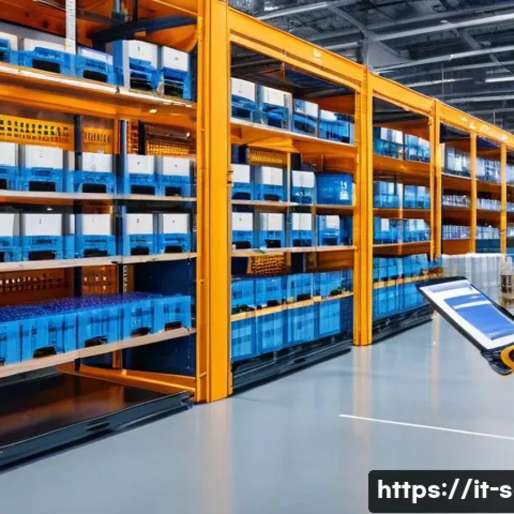 SCM과 IT의 융합 사례 - A modern logistics warehouse interior featuring collaborative robots and human workers efficiently m...