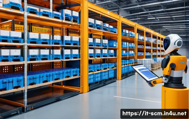 SCM과 IT의 융합 사례 - A modern logistics warehouse interior featuring collaborative robots and human workers efficiently m...