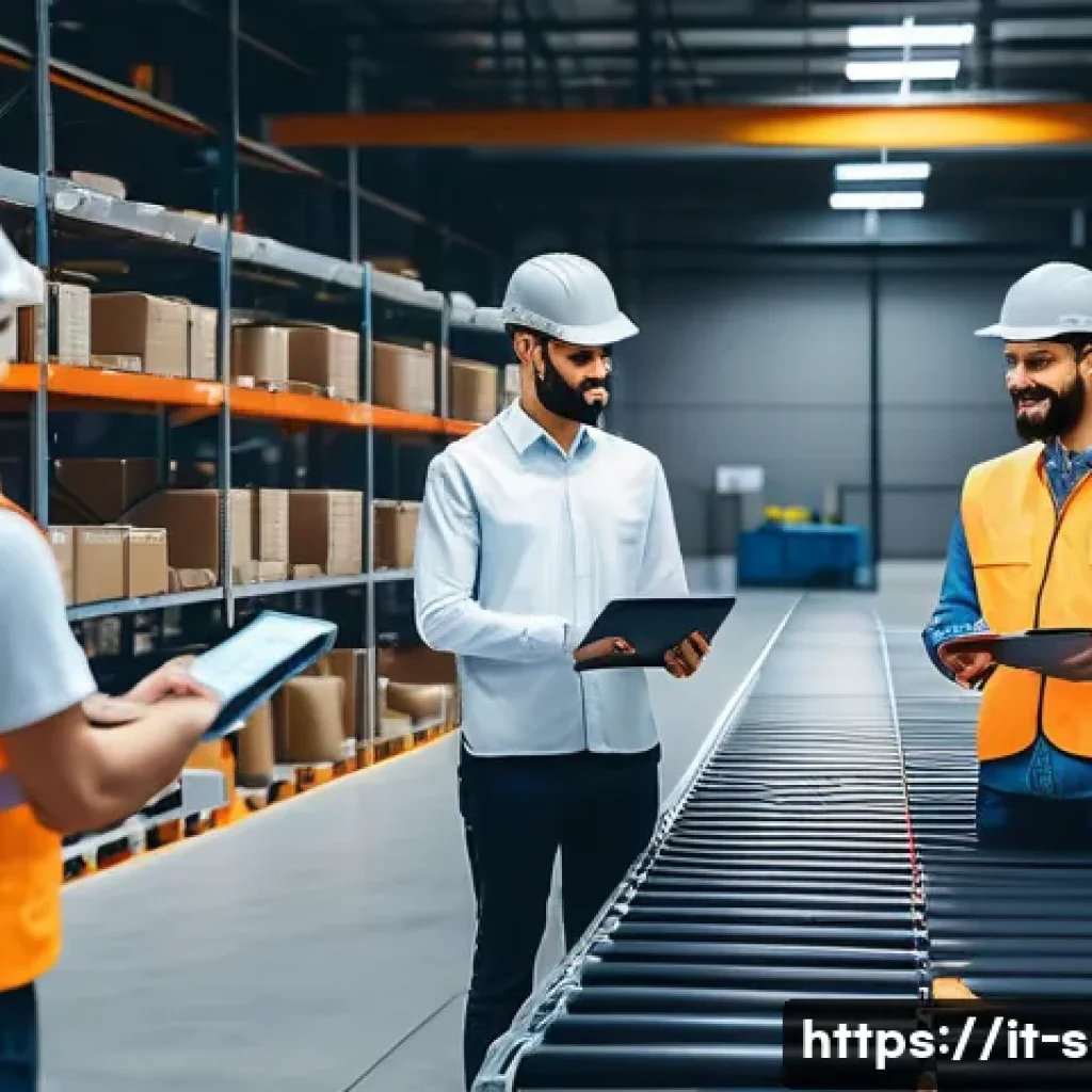 공급망관리와 외부 컨설팅 활용 - A modern warehouse interior showcasing advanced automation technology: robotic arms picking and sort...