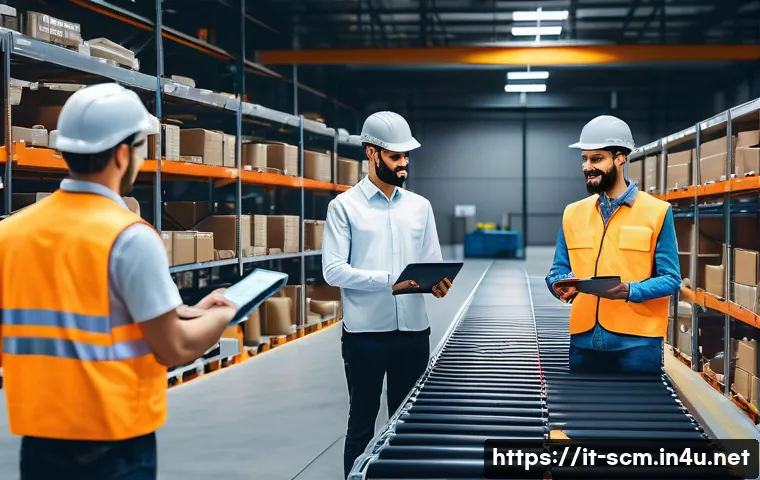 공급망관리와 외부 컨설팅 활용 - A modern warehouse interior showcasing advanced automation technology: robotic arms picking and sort...