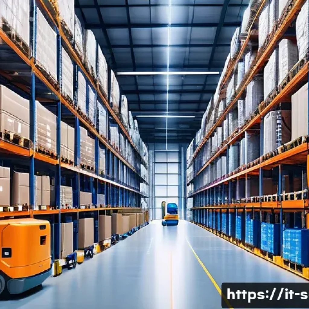 공급망관리와 비즈니스 성과 - A high-tech warehouse interior bustling with autonomous robots efficiently picking and storing goods...