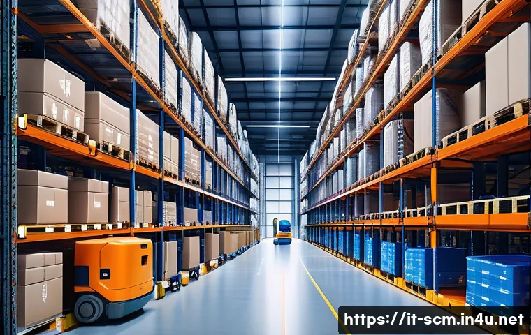 공급망관리와 비즈니스 성과 - A high-tech warehouse interior bustling with autonomous robots efficiently picking and storing goods...