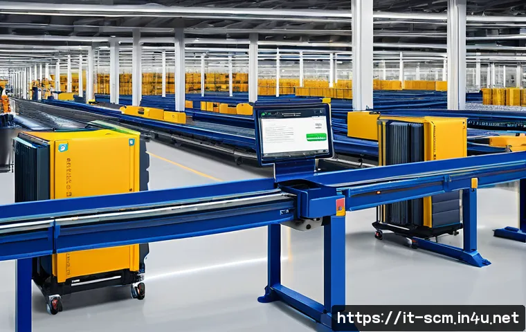 SCM에서의 혁신 사례 연구 - A modern Italian warehouse interior featuring advanced AI-driven automation systems: robotic arms so...