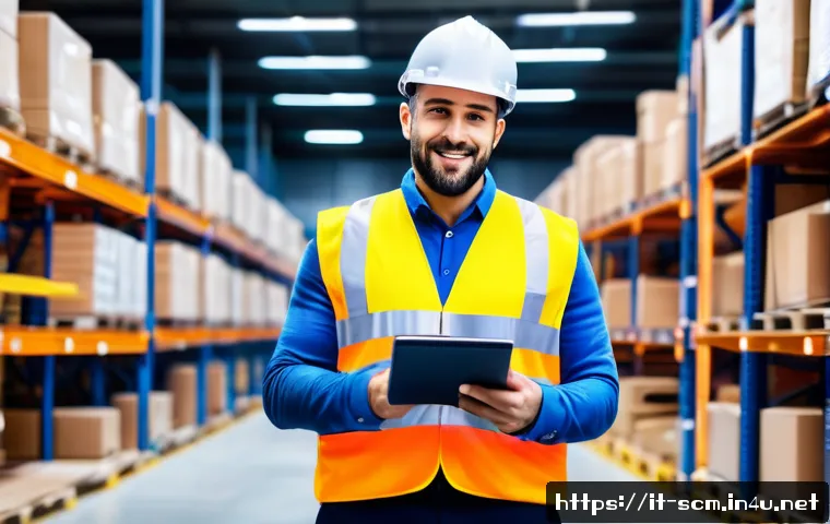 SCM 자격증의 진로별 활용법 - A professional logistics manager in a modern Italian warehouse, wearing business casual attire and s...