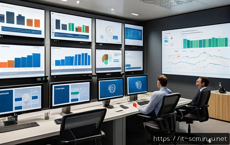 공급망관리와 비즈니스 인텔리전스 - A modern Italian supply chain control room with diverse professionals analyzing interactive Power BI...