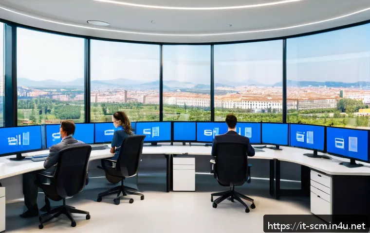 공급망관리 전문가 이직 준비 - A modern Italian supply chain control room with professionals in business casual attire using advanc...