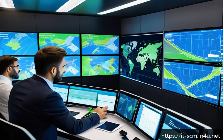 공급망관리와 협력업체 관리 - A modern Italian logistics control room bustling with activity: multiple large digital screens displ...