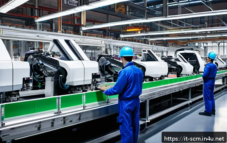 SCM와 로봇 기술의 접목 사례 - A modern Italian automotive assembly line featuring collaborative robots (cobots) working side-by-si...