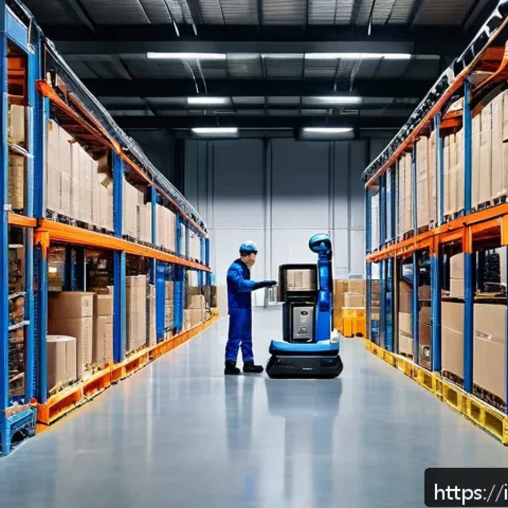 SCM와 물류 기술의 융합 사례 - A modern Italian warehouse scene featuring collaborative robots ("cobots") working alongside human o...