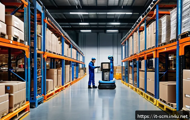 SCM와 물류 기술의 융합 사례 - A modern Italian warehouse scene featuring collaborative robots ("cobots") working alongside human o...