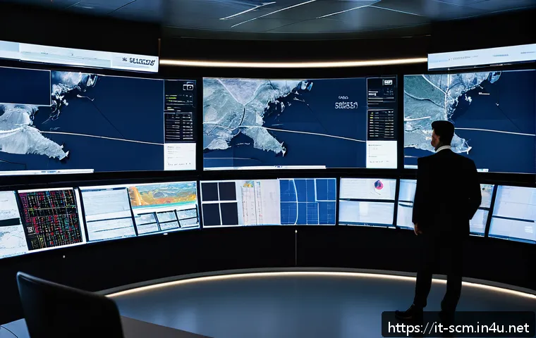 SCM 실무에서의 문제 해결 기법 - A modern supply chain control room in Italy, featuring large digital dashboards displaying real-time...