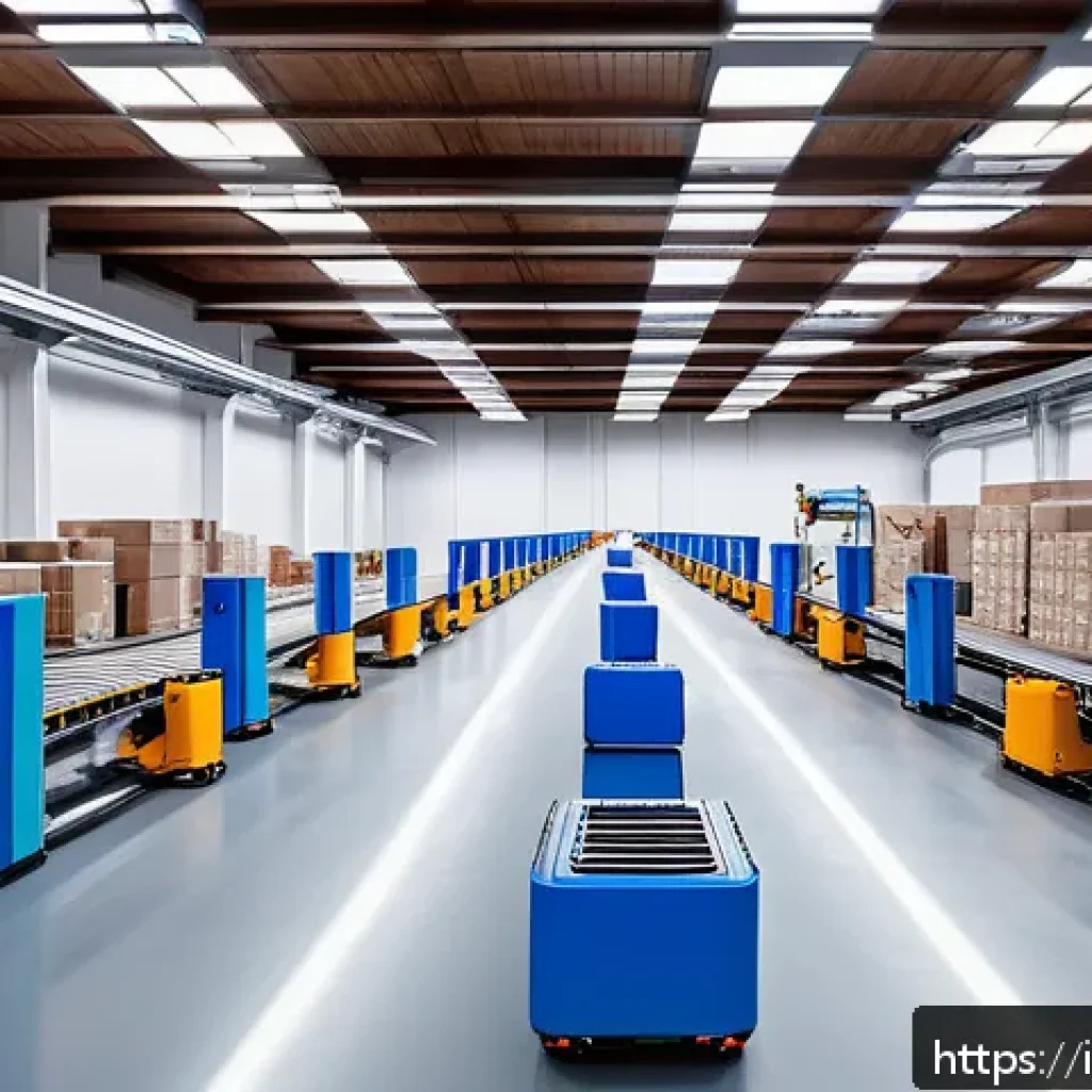 SCM 실무에서의 창의적 문제 해결 - A modern logistics warehouse featuring collaborative robots (cobots) working alongside human operato...