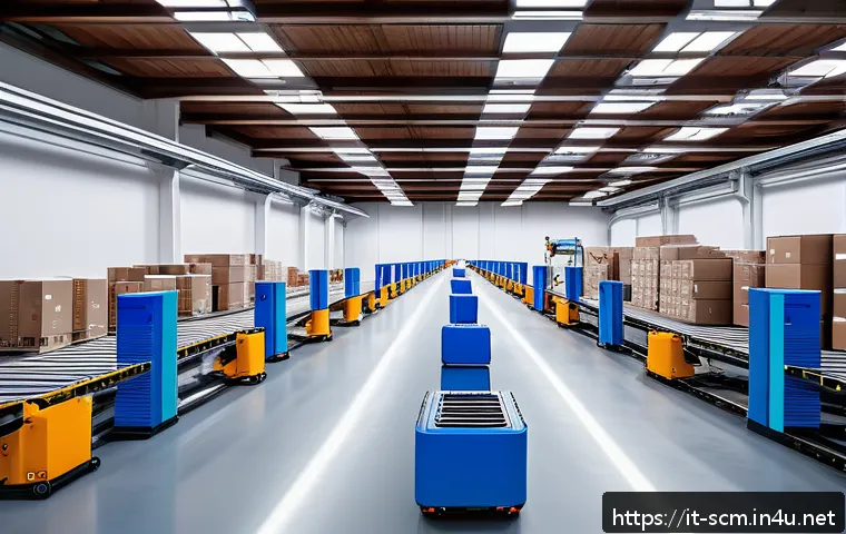 SCM 실무에서의 창의적 문제 해결 - A modern logistics warehouse featuring collaborative robots (cobots) working alongside human operato...