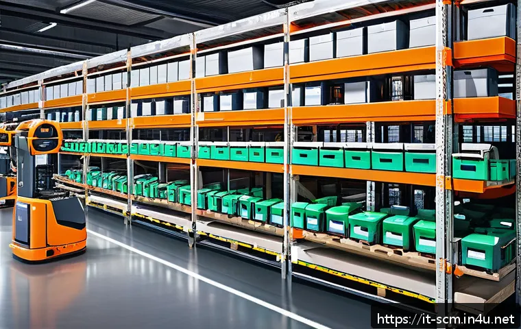 공급망관리와 재고 최적화 사례 - A modern Italian warehouse scene showcasing collaborative robots and human workers efficiently manag...