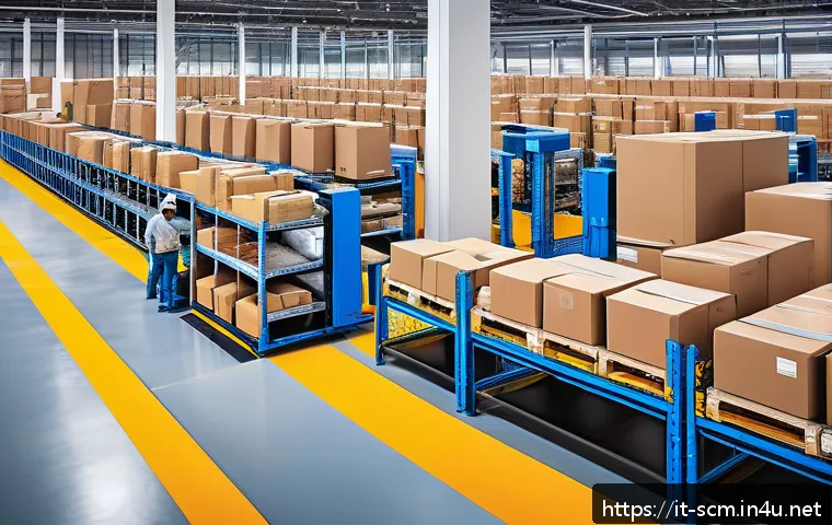 공급망관리와 기술 도입 사례 - A modern Italian logistics warehouse interior featuring automated robotic arms and conveyor belts ha...