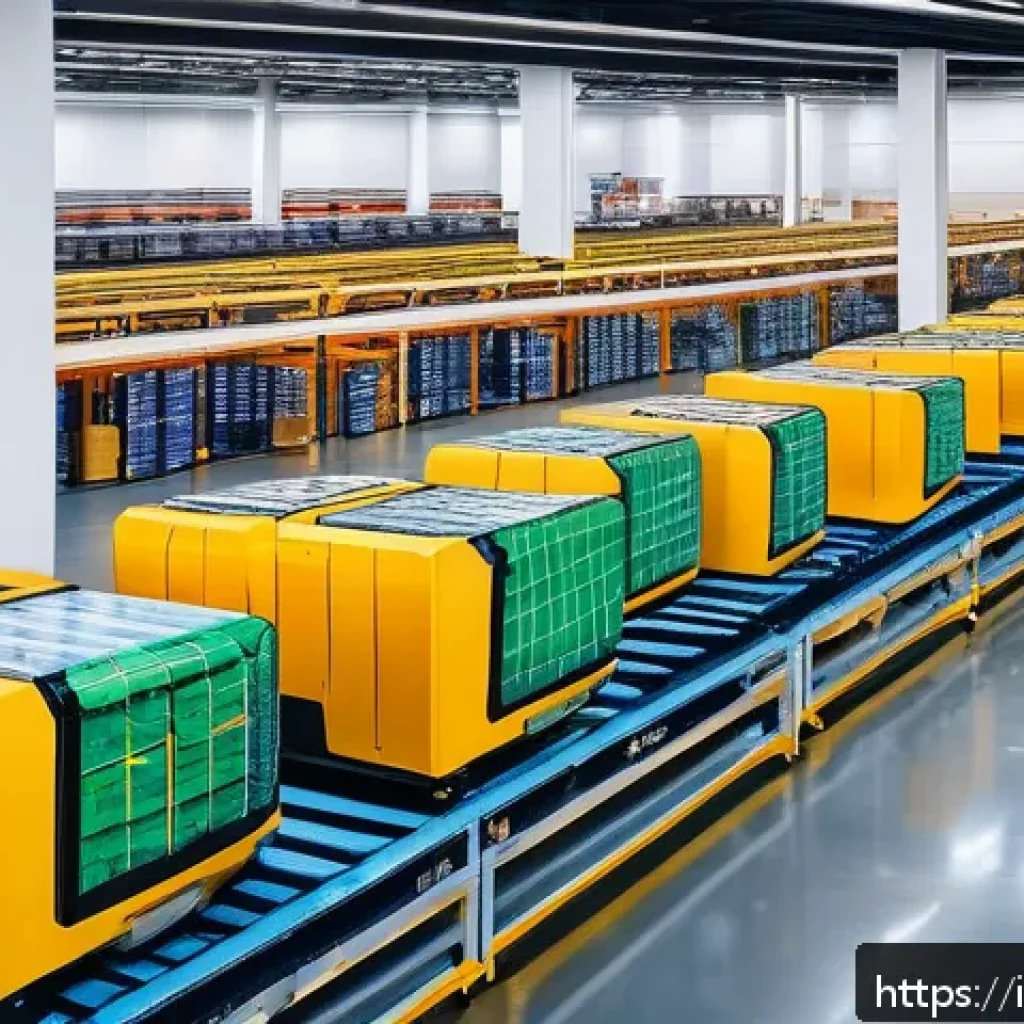공급망관리 실무에서의 데이터 활용 - A high-tech warehouse interior showcasing advanced robotic automation handling goods with precision ...