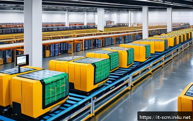 공급망관리 실무에서의 데이터 활용 - A high-tech warehouse interior showcasing advanced robotic automation handling goods with precision ...