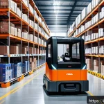 Home 20 공급망관리에서의 신기술 도입 사례 - A high-tech Italian warehouse interior showcasing advanced robotic automation in action: autonomous ...