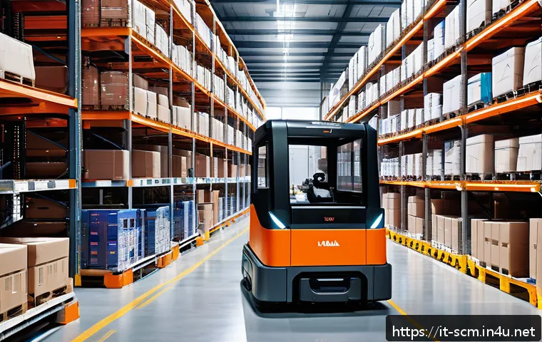 공급망관리에서의 신기술 도입 사례 - A high-tech Italian warehouse interior showcasing advanced robotic automation in action: autonomous ...