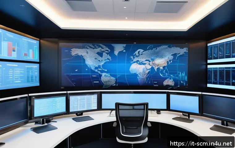 공급망관리에서의 리더십 향상 - A modern supply chain control room with diverse professionals analyzing real-time data on multiple l...