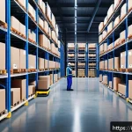 Home 23 공급망관리와 혁신적인 물류 기술 - A modern Italian warehouse interior featuring autonomous robots navigating between tall shelves fill...
