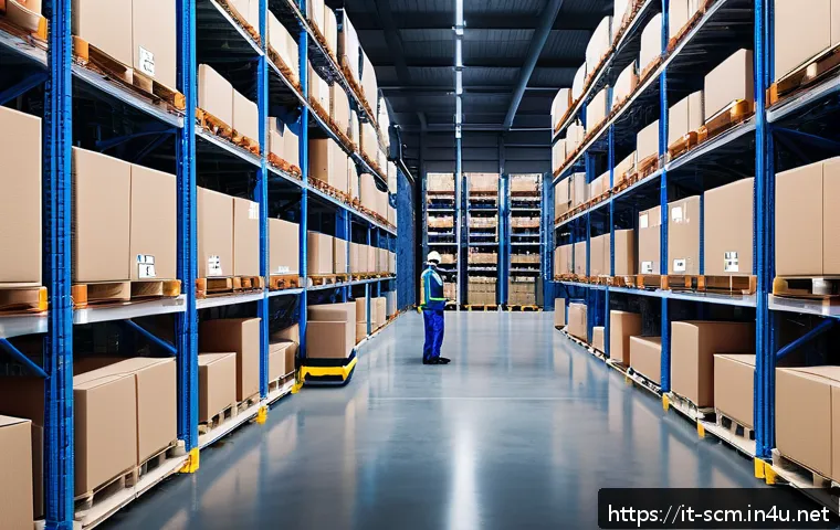 공급망관리와 혁신적인 물류 기술 - A modern Italian warehouse interior featuring autonomous robots navigating between tall shelves fill...